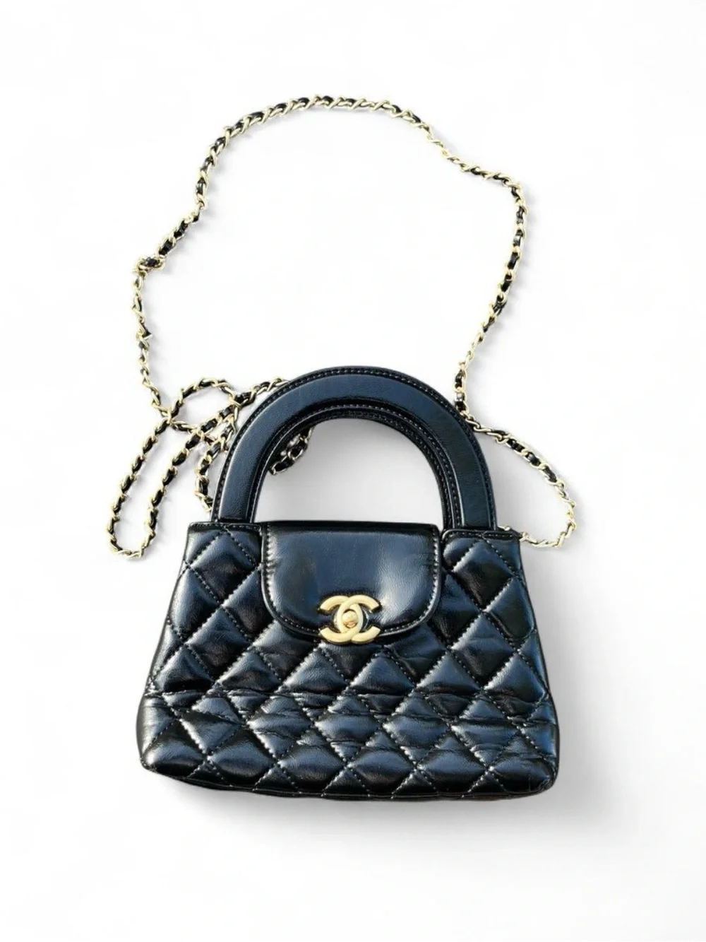 CHANEL Black Quilted Mini Top-Handle Bag with Gold Chain Strap